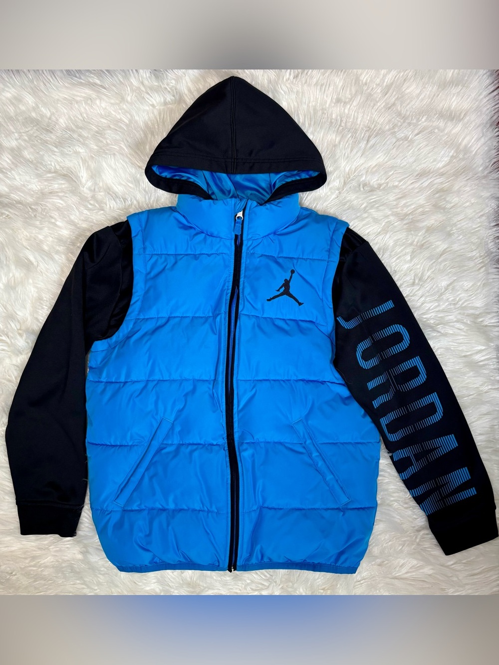 Jordan Layered-Look Black Blue Puffer Long-Sleeve Hooded Jacket Boys Size M
